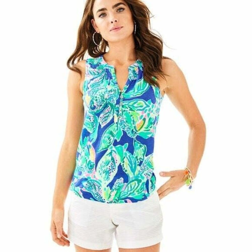 Lilly Pulitzer Essie Printed Tank Blouse Top Smocked Cotton Beach XXS New 268655